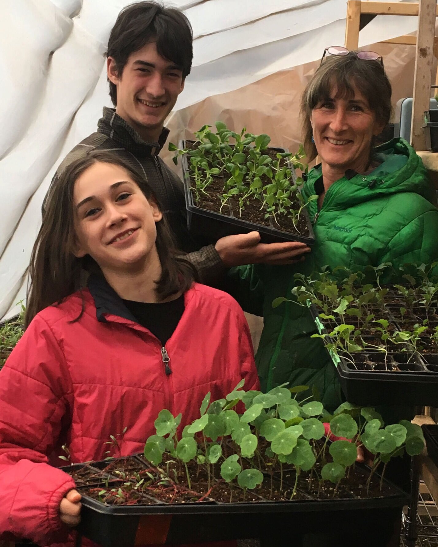 Three individuals, a woman and two children, are smiling while holding trays of seedlings in a greenhouse. The woman in a green jacket and the boy in a plaid shirt hold large trays filled with young plants, while the girl in a red jacket stands in front, proudly displaying her own tray of seedlings. The setting is bright and filled with various plants, showcasing the joy of gardening and nurturing new growth.